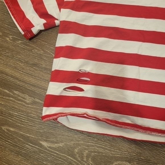 POL Red and White Striped distressed long crop tee Size‎ Large - Picture 2 of 8